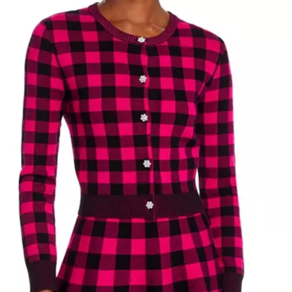 NWT Aqua Pink and Dark Purple Plaid Crew Neck Cardigan, size small